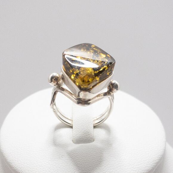 Polish Baltic Amber Ring 925 Sterling Silver Diamond Shape Size 7 Statement - Picture 3 of 12